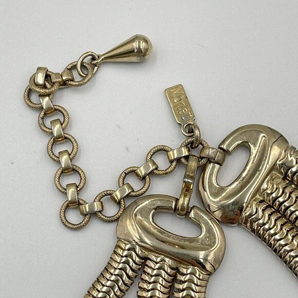 Vintage MONET 3 Strand Snake Herringbone Chunky Gold Tone Chain Necklace Tiered - Picture 2 of 7